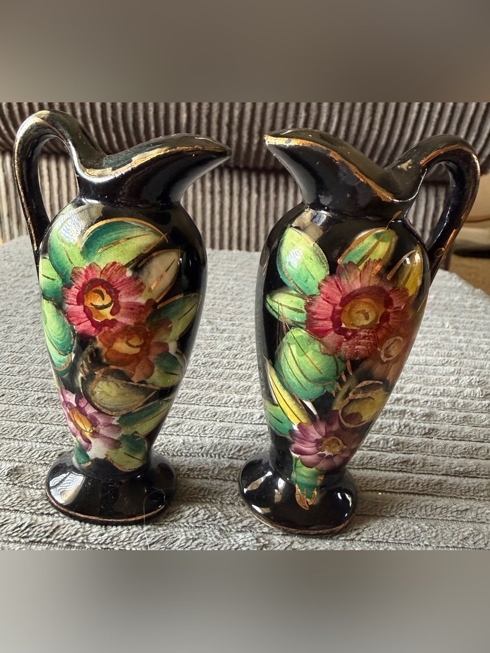 Black Floral Hand-Painted Ceramic Vases Atlas Japan Salt Pepper S & P Shakers